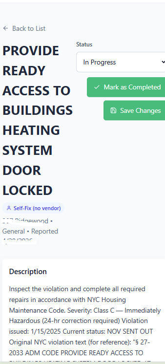 Maintenance ticket page showing Mark as Completed and Save Changes buttons